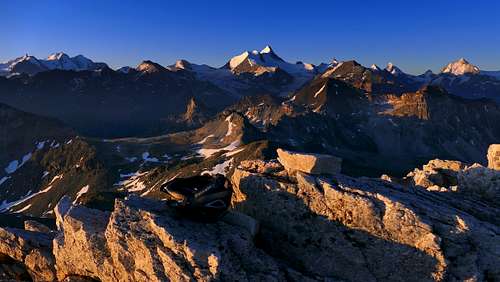 Panorama at sunrise from Bella Tola (3052 m) with Weisshorn