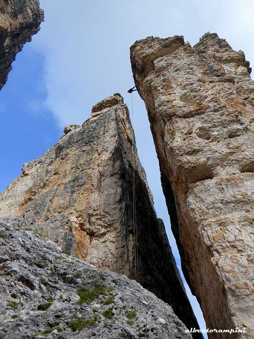 Scenic abseil from Torre Lusy, Dolomites