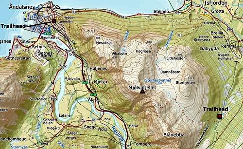 Map of Romsdalseggen and Mjølvafjellet