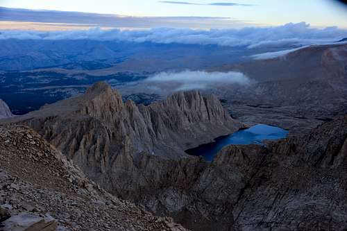 Morning view of Mt. Hitchcock, Hitchcock Lake and Bighorn Plateau from Mt. Whitney