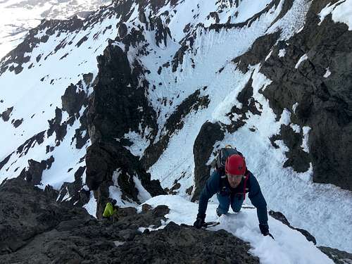 Downclimbing the crux pitch on North Sister