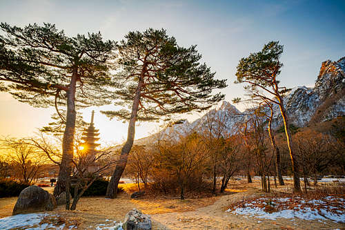Dawn glow on the mountains and monuments at Seoraksan National Park-2