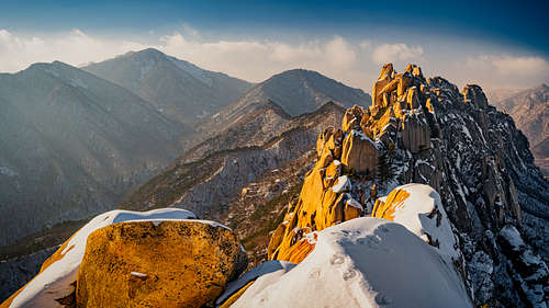 Ulsanbawi rock formation covered in snow in winter in Seoraksan National Park