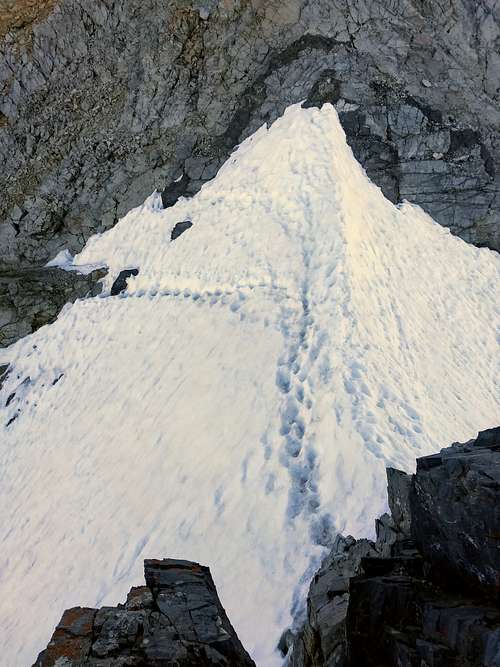 Looking down the crux before the snow crossing