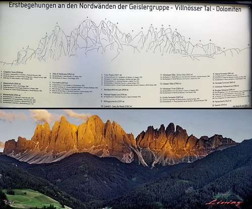 Odle/Geislergruppe at sunset and descriptive panel