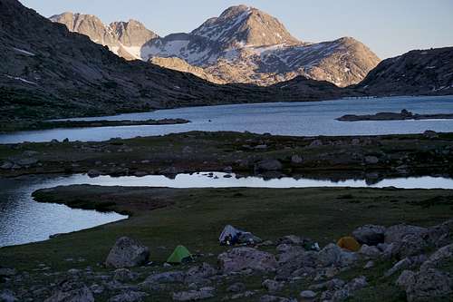 Looking south during sunset in the Titcomb Basin of the Wind Rivers