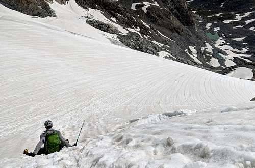 Sprawled out and sliding across the bergschrund below Gannett Peak - July 2020