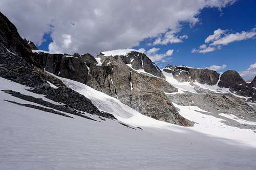 Barely visible hikers traversing the Dinwoody glacier in Wyoming