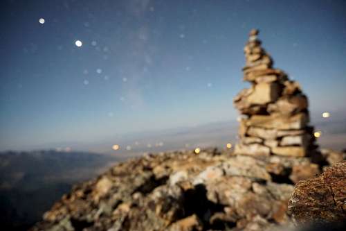 A failed epic nighttime photo of the Ruby Dome cairn beneath the stars