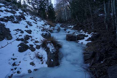 A frozen creek in the northwest basin below Mt. Jefferson in Nevada; late Nov 2020.