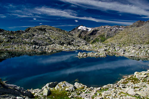 Lago Azzurro and Pizzo Ferrè (3103 m) with its glacier