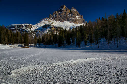 Cima Ovest and Cima Grande seen from the frozen Antorno lake