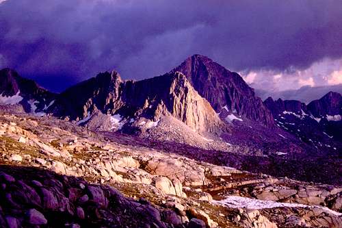 Isosceles Peak, 12,321 ft., (in light), Columbine Peak, 12,652 ft. (in shadow), Dusy Basin After A Storm