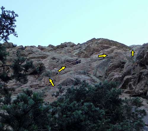 1st, 2nd, 3rd and 4th Pitches (climber at the crux)