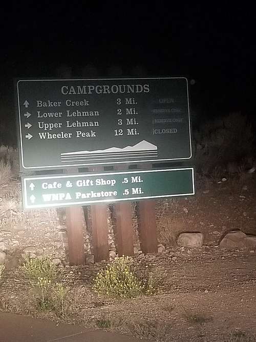 Sign to Wheeler Peak trailhead on night of 8.6.2021