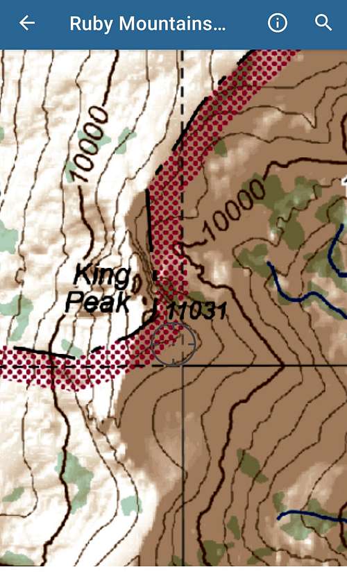 Close-up of King Peak on map to show surrounding elevations