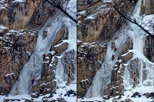 Ice climbers in action along an iced waterfall in Valnontey