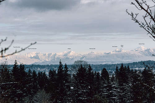 An annotated view of Cascades Range from Seattle