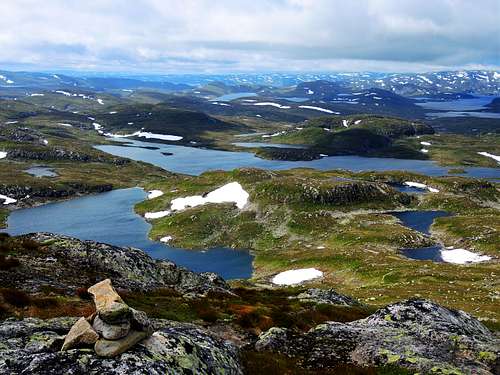 Landscape of lakes and ponds seen from the summit of Svarvarnuten
