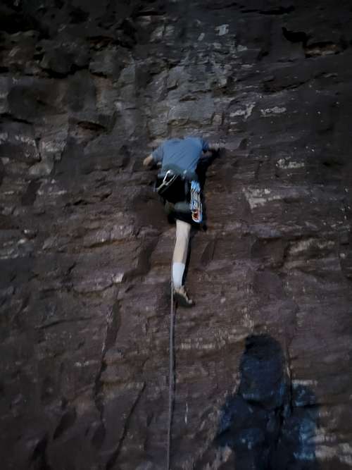 Night climbing at Rink Wall.  It looks like my son lost his head.