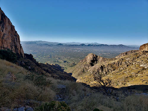 The distant Wasson & Golden gate Mountains plus the city of Tucson, Finger Rock Canyon and Peak 4625 ft