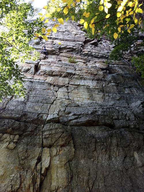 Climber Roger Benton has reached gotten just beyond the 'alcove' rest of the consistently overhaning 'double crack', photo Martha Busko