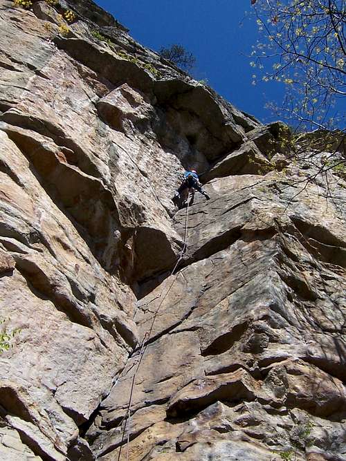 A climber has finished the fearsome corner of 'Roseland' before the real difficulties begin, photo, Guy H