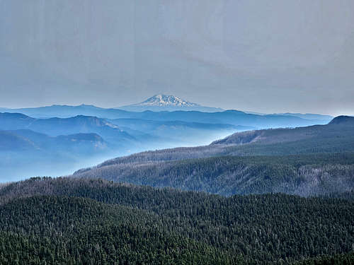Zoomed view of Mt. Adams and the smoke filled Columbia River Gorge from the summit of Larch Mountain