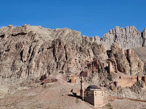 Part of the Ishak Pasha Palace complex with the impressive mountains south of Doğubayazıt rising behind south fo