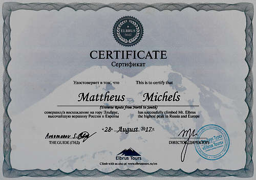 Summit and north-south traverse certificate for Mount Elbrus (5642m)
