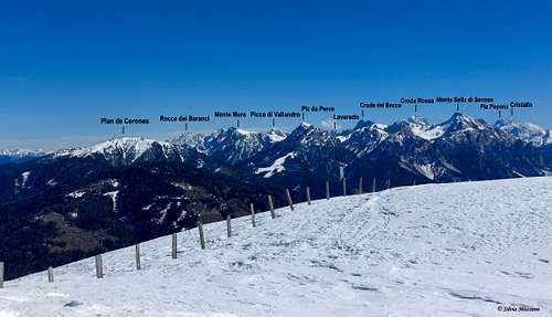 Annotated Dolomites pano from Cima Campill