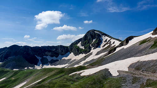 Megas Trapos (2,228m) and its ridge with snow as seen from the base of Tsoukarela (2,276m)