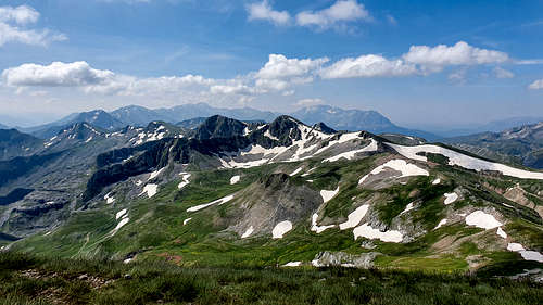 View from Tsoukarela looking South, Megas Trapos (2,228m) and Kourkoumbeta (2,162m) visible on the ridge