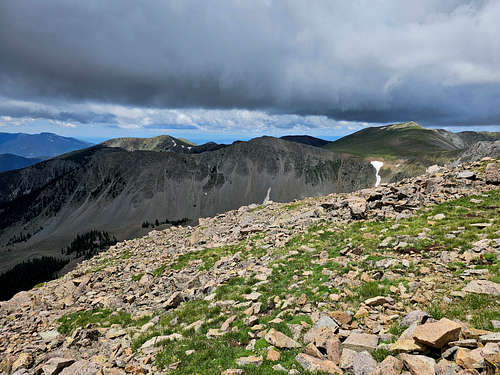 Venado Peak, Point 12550 ft, Peak 12456 ft and Cabresto Peak, Flag Mtn in the distance