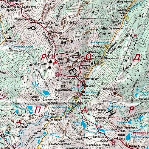 Map of Pirin massif. Vihren...