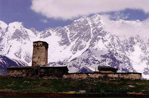 Shkhara rising above the village of Ushguli