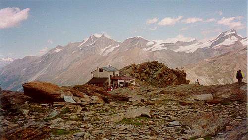 Looking north from the Gandegg Hut with Obergabelhorn and others in the background