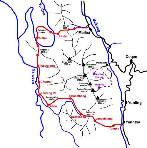Schematic map of trek around Meilixueshan