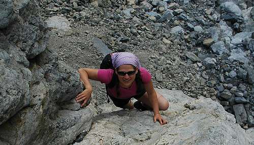Lisa Scrambling up Middle Sister, Canmore
