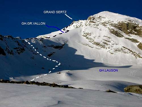 Normal route to Grand Sertz (Gran Serra) <i>3552m</i> through Lauson and Gran Vallon glaciers