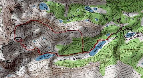 Map of the East Ridge of Pawnee Peak route