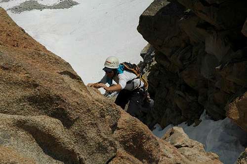 Miguel Forjan soloing the 5.4 headwall on Humphreys' east arete