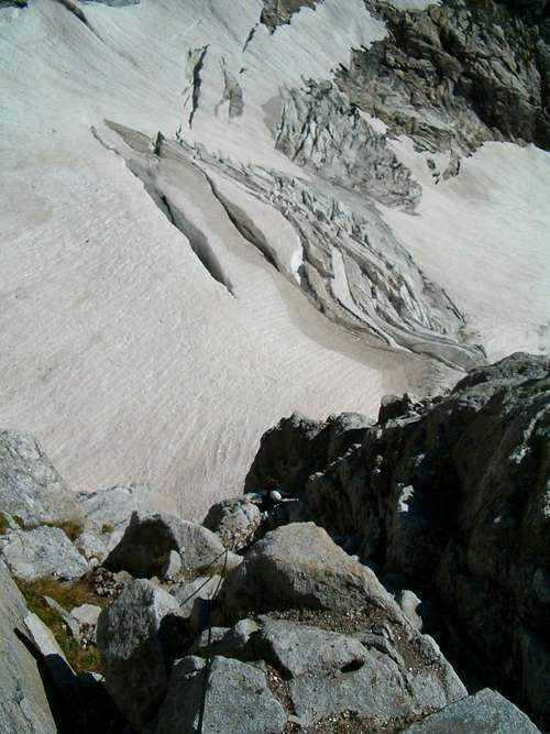 Looking down at the Teton Glacier