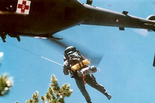 Army Paramedic Being Hoisted into Blackhawk