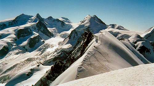 Ten some 4000m peaks can be seen looking east from the summit of Breithorn.