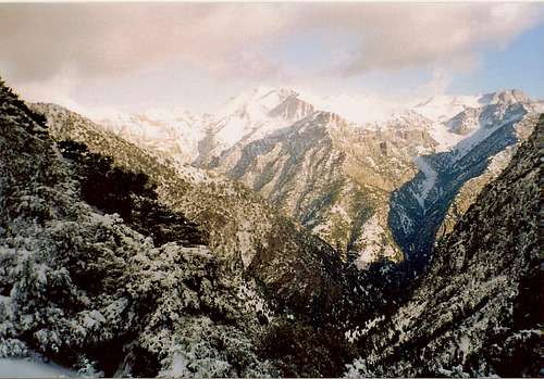 One part of Samaria gorge in the foreground.White mountains and their summit Pachnes(2453m) in the background