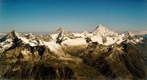Four 4000m peaks can be seen looking north-west from the summit of Breithorn