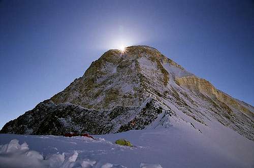 Early in the morning. Sun is coming to the Saddle from behind the Summit of Khan-Tengri