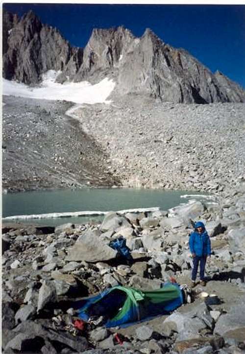 Our camp the night before climbing North Palisade via the U-Notch/Chimney variation, August 8, 1987