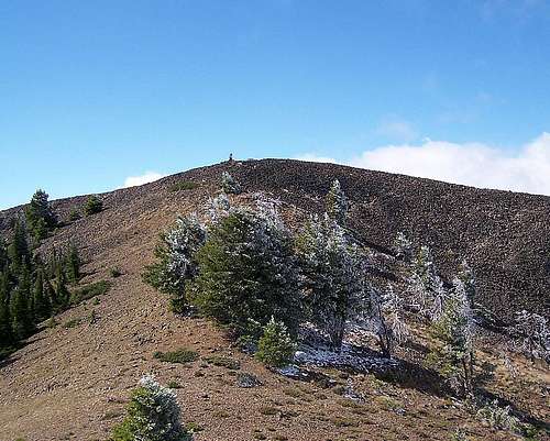 Looking across a saddle towards the summit